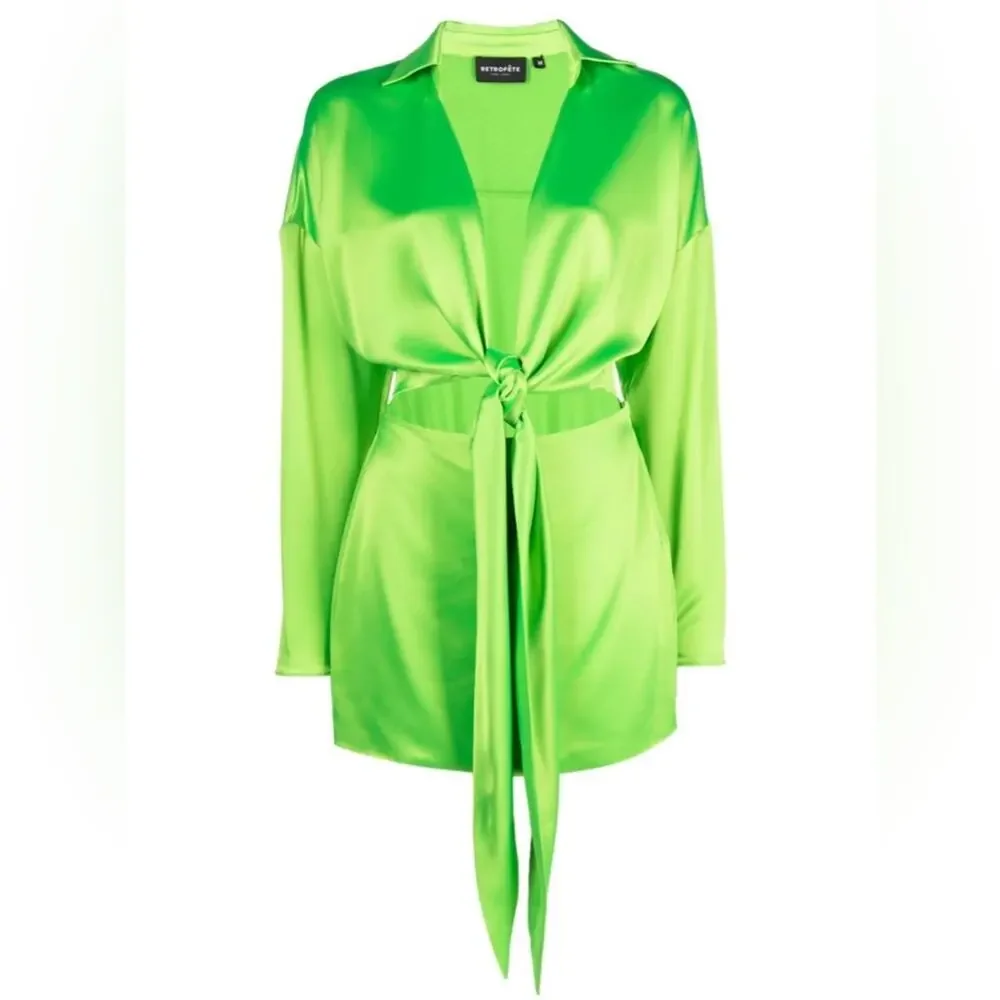 RETROFETE Knot-Detail Cut-Out Shirtdress Lime Green Deep V-Neck Tie Front Sm NEW - Picture 4 of 16